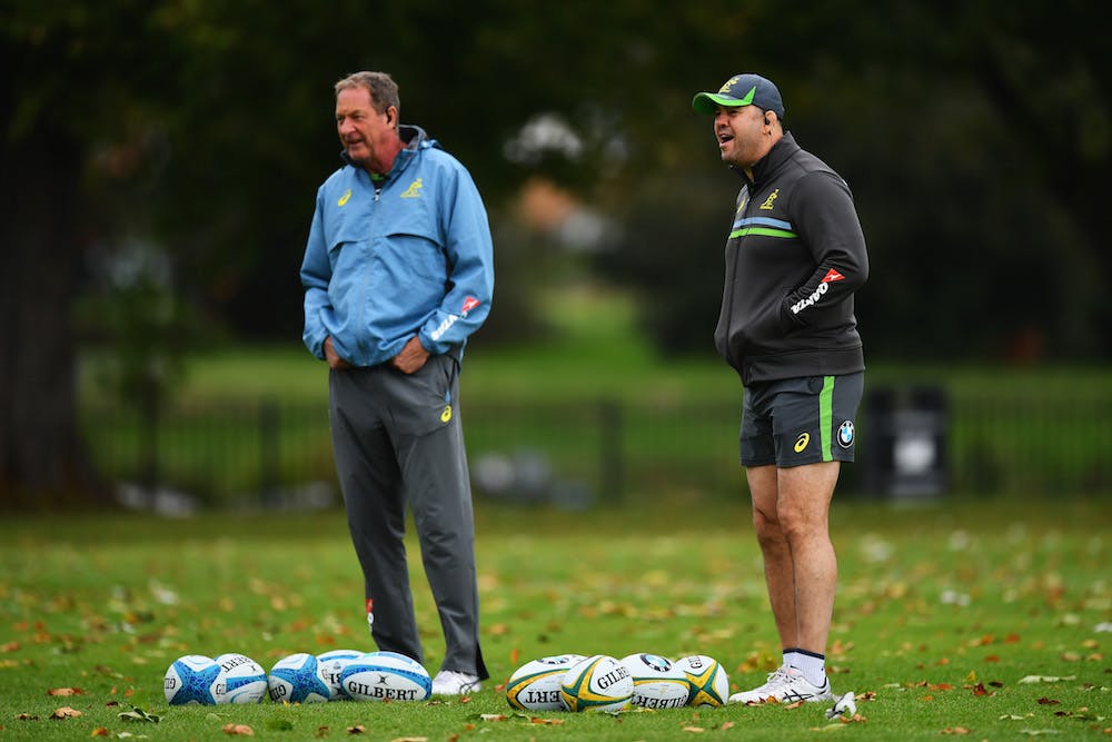 Byrne and Cheika watch on during Wallabies training. Photo: Getty Images