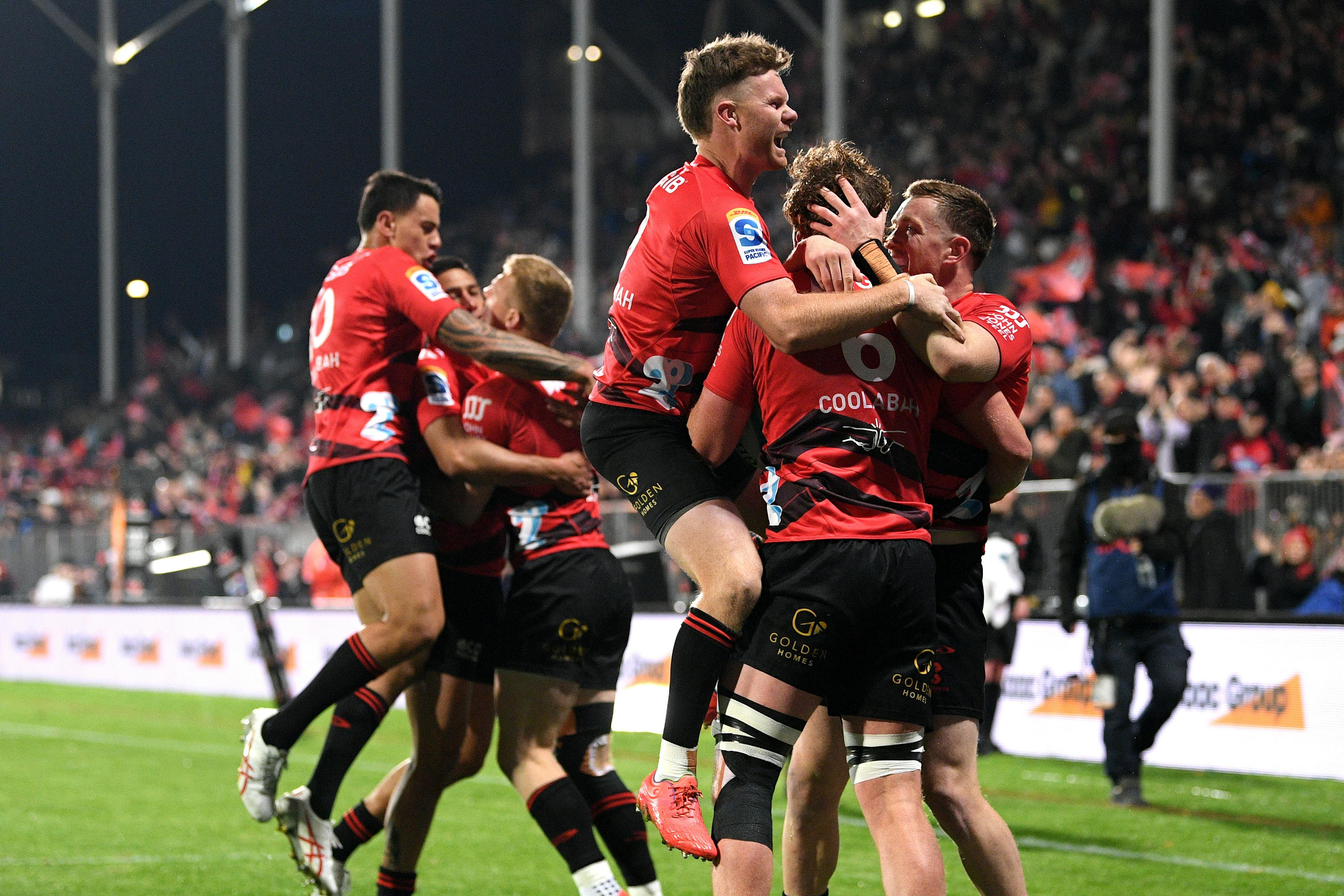 Crusaders players celebrate a 39-0 win over the Melbourne Rebels during the 2024 Super Rugby Pacific season. Picture: Getty