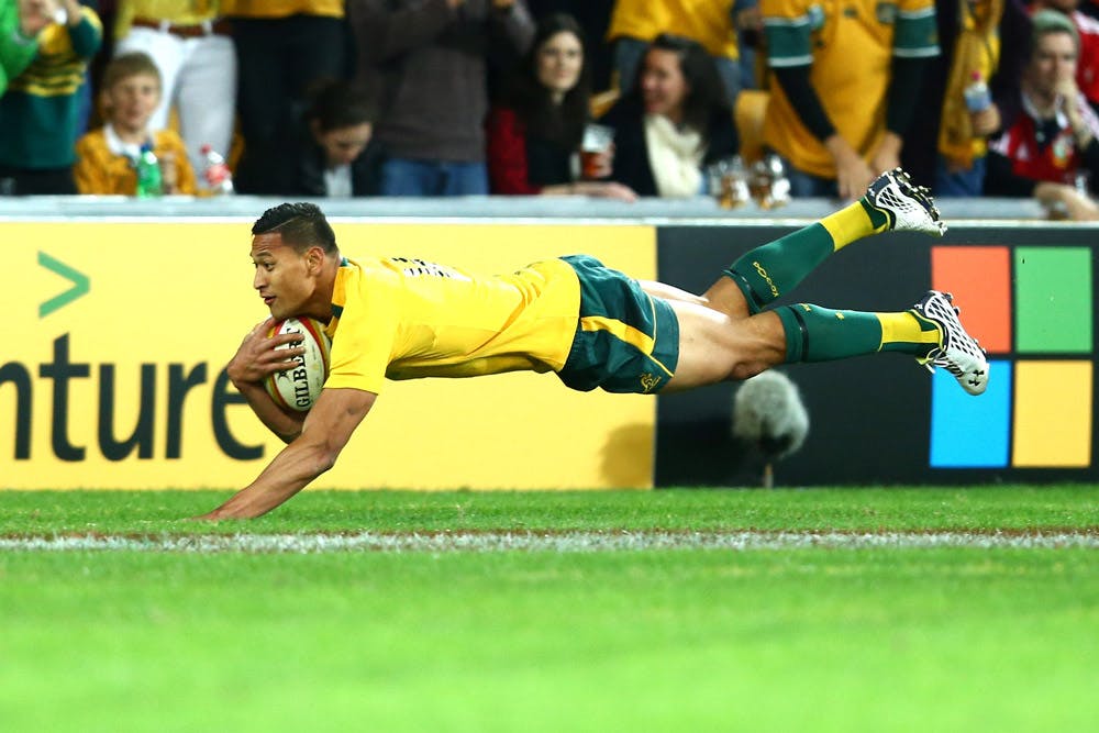 Israel Folau scored two tries on debut for the Wallabies in 2013. Photo: Getty Images