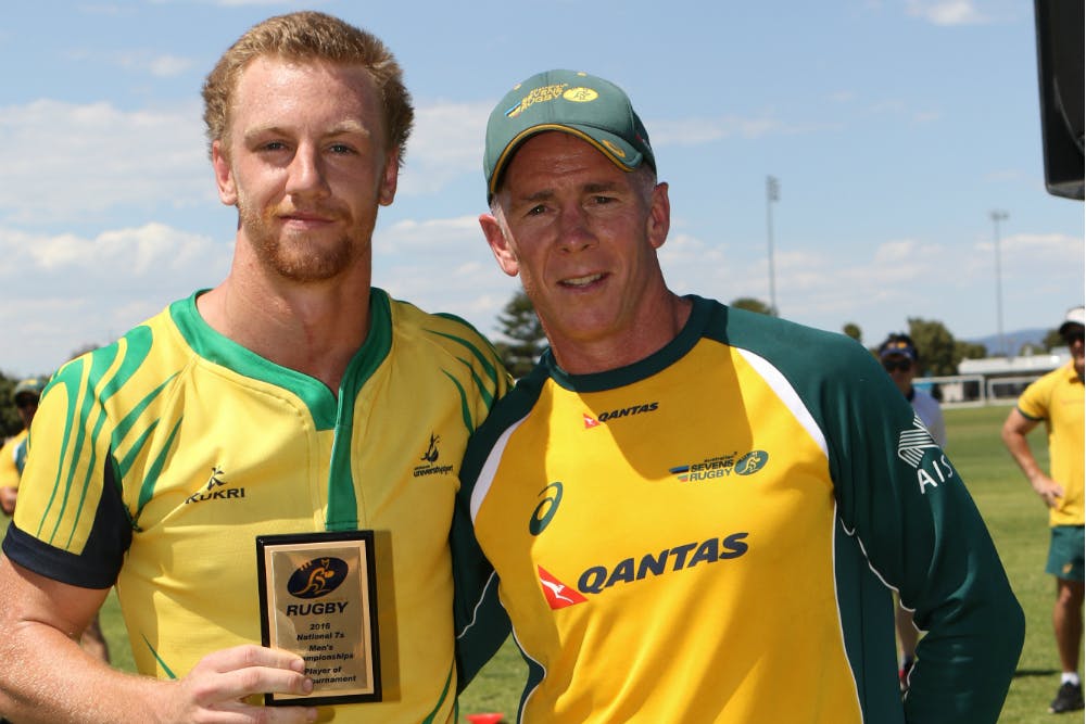 Men's Player of the Tournament, Ben O'Donnell with Australian Men's Sevens coach, Andy Friend. Photo: Peter Mundy. 