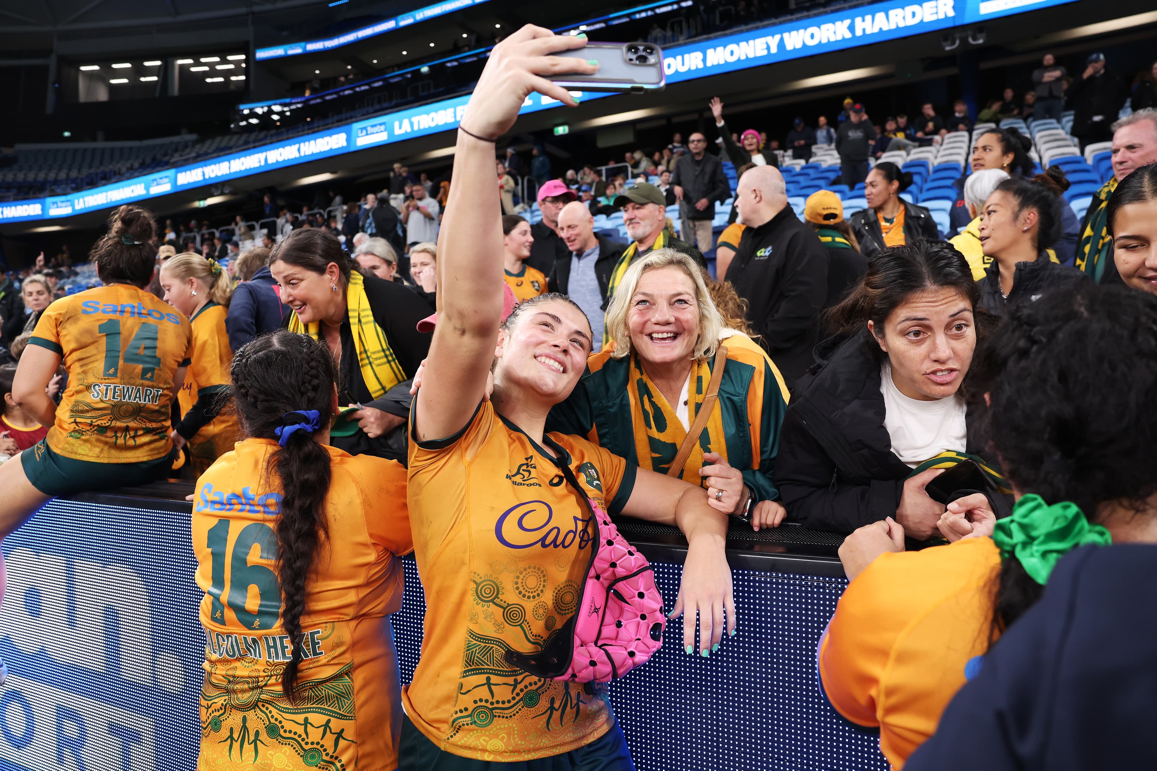 Piper Duck engages with Wallaroos fans during the 2024 Pac Four series. Picture: Getty