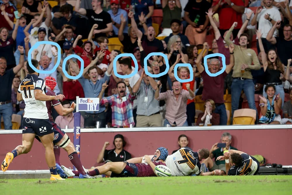 The Flook family fan club celebrating Reds centre Josh Flook scoring against the Brumbies at Suncorp Stadium in April. Cousins (circled from left) Wayne, Zoe, Max and Tracey Balmanno and grandparents Judy and Phil Dunsford. Photo courtesy: Karen Cutler, Sportography