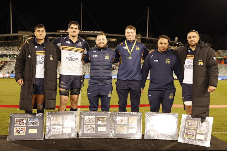 Departing Brumbies Ed Kennedy, Tamati Tua, Fred Kaihea, Jahrome Brown, Connal McInerney and Darcy Swain, photo by Greg Collis - @cbrsportsphototgraphy.