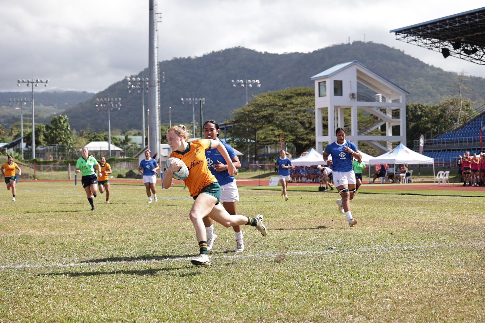 Ashlea Bishop crosses for Australia A against Manusina during their September 16 tour clash in Apia, Samoa.