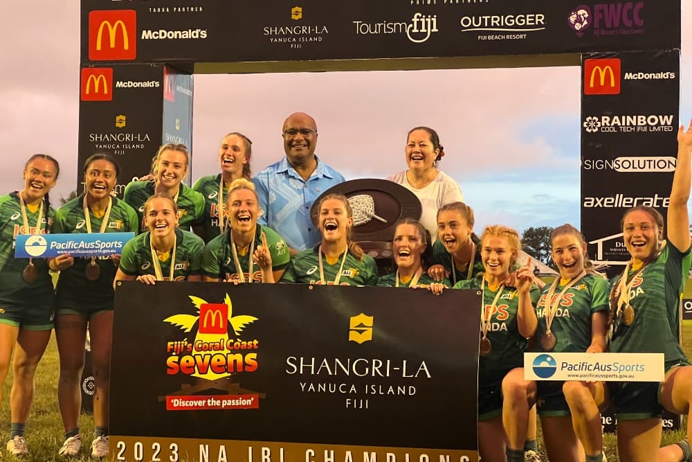 Australia A celebrate their Coral Coast Sevens title. Photo Supplied