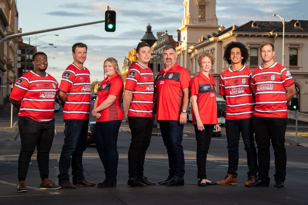 Ballarat Highlanders Brendan Mudzikitiri, Pete Barker, Maddie Hollingworth, vice captain Mitch Cattell, head coach Karl Thin, secretary Jen Couzens, Joshua Pyalanda and captain Ben Inglis. Photo: Rugby AU Media/Stuart Walmsley