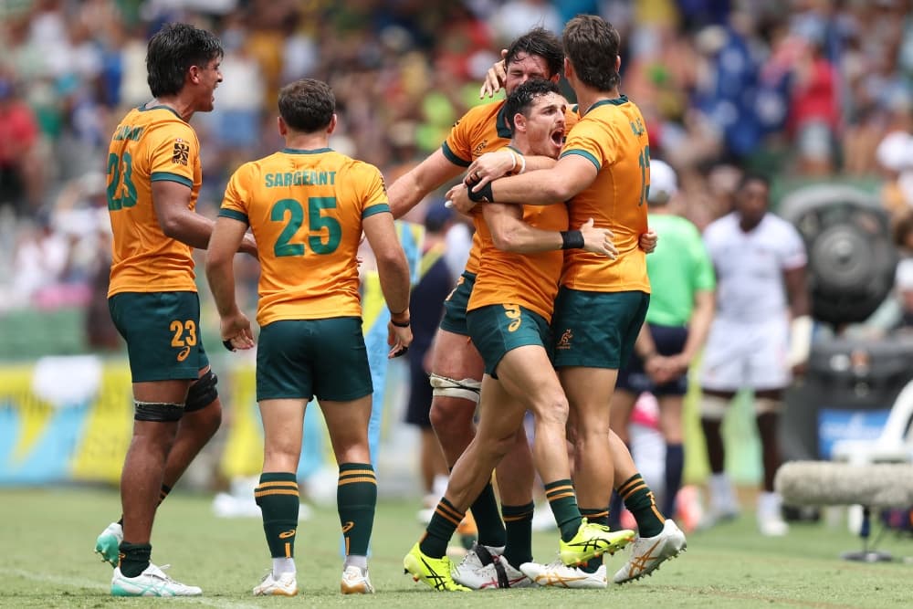 Australia celebrates a crucial win over the USA. Photo: Getty Images