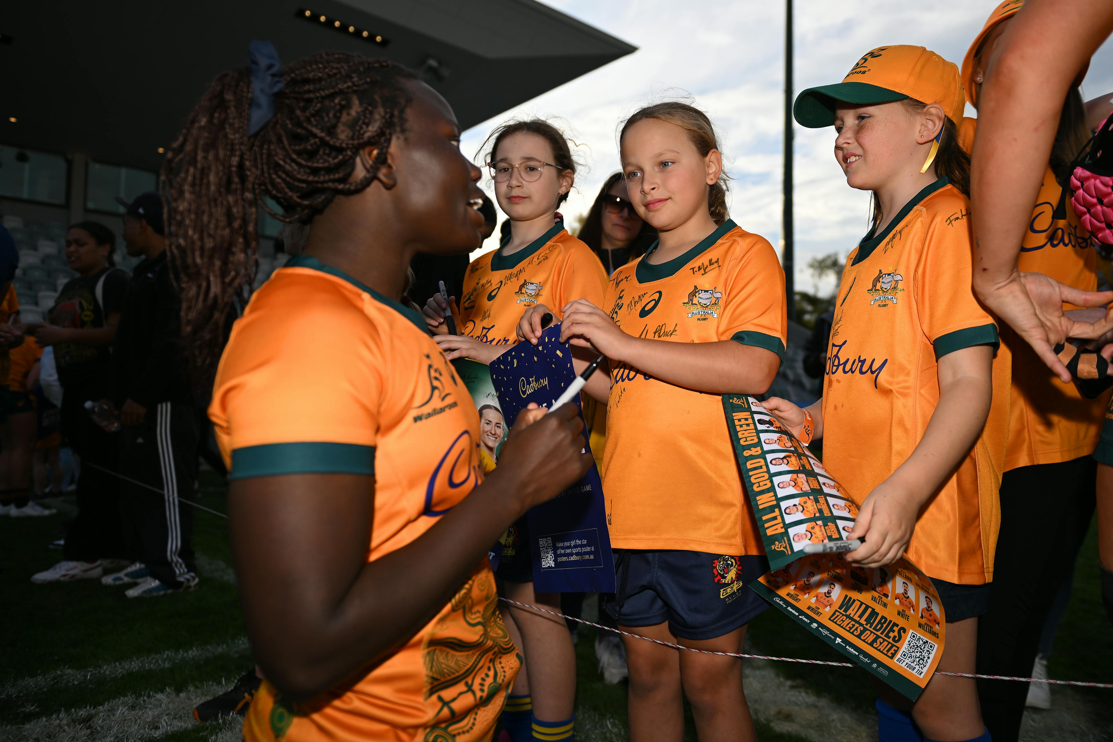 Biola Dawa speaks with Wallaroos fans following Australia's Laurie O'Reilly Cup loss to New Zealand at Ballymore in July 2024. Picture: Getty