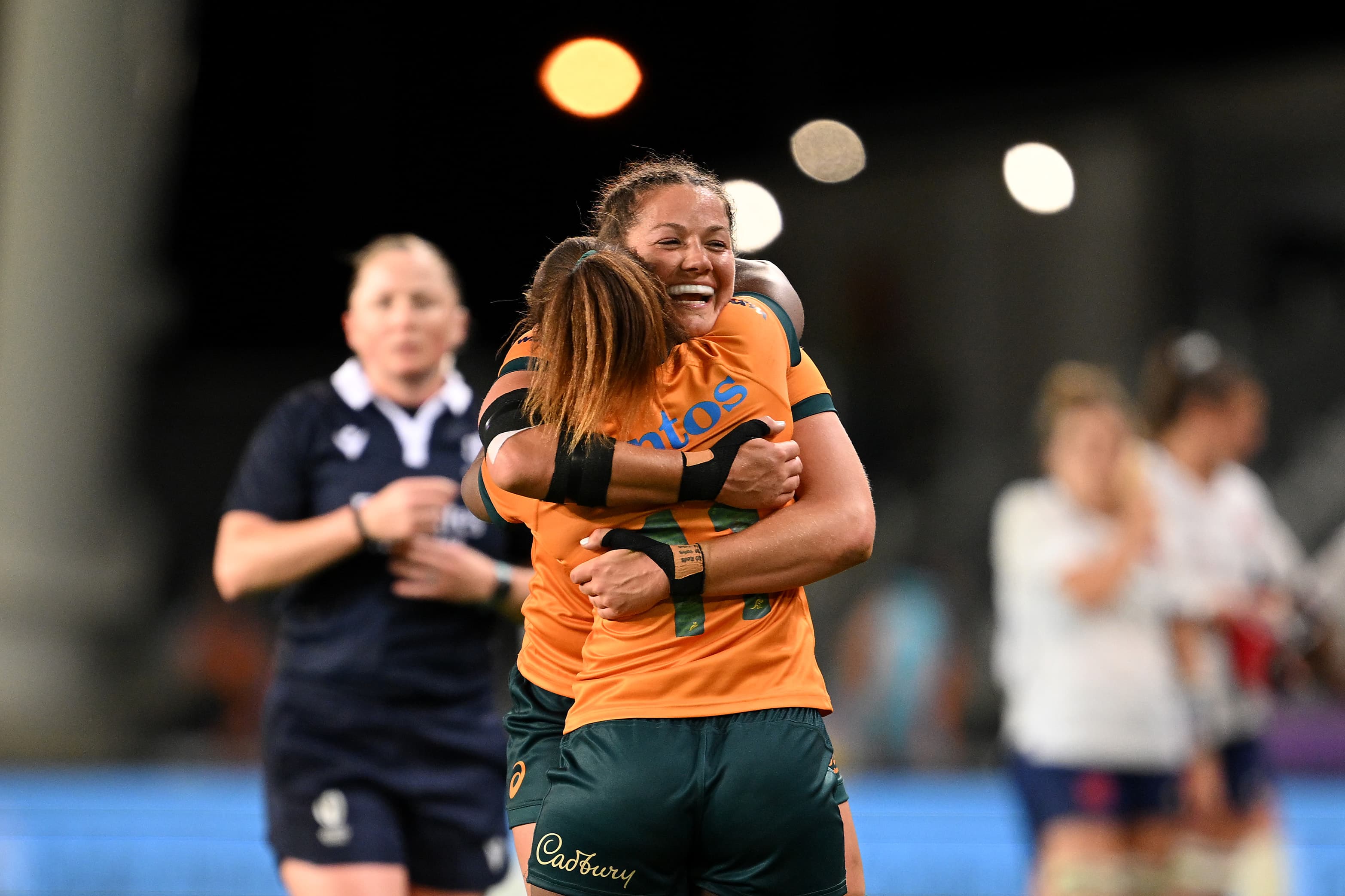 Wallaroos captain Michaela Leonard celebrates Australia's historic 29-20 win over France last week. Picture: Getty