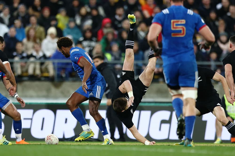 Benjamin Fall was red-carded for this Beauden Barrett incident. Photo: Getty Images