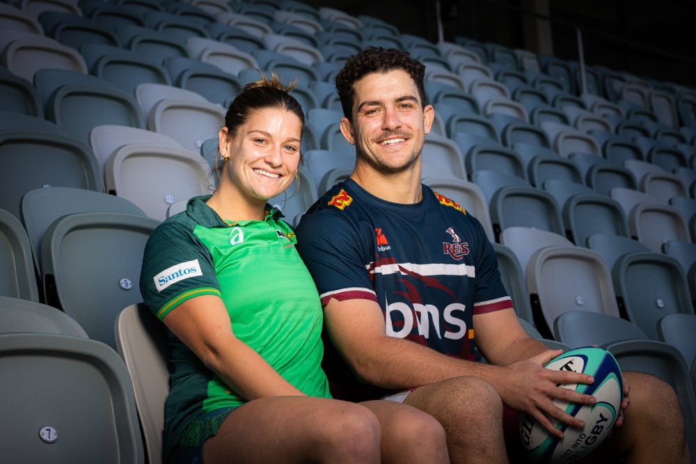 High-flying siblings Bella (Australian Sevens) and Josh (Queensland Reds & Wallabies Train-On Squad) Nasser together at Ballymore Stadium. Picture: Brendan Hertel