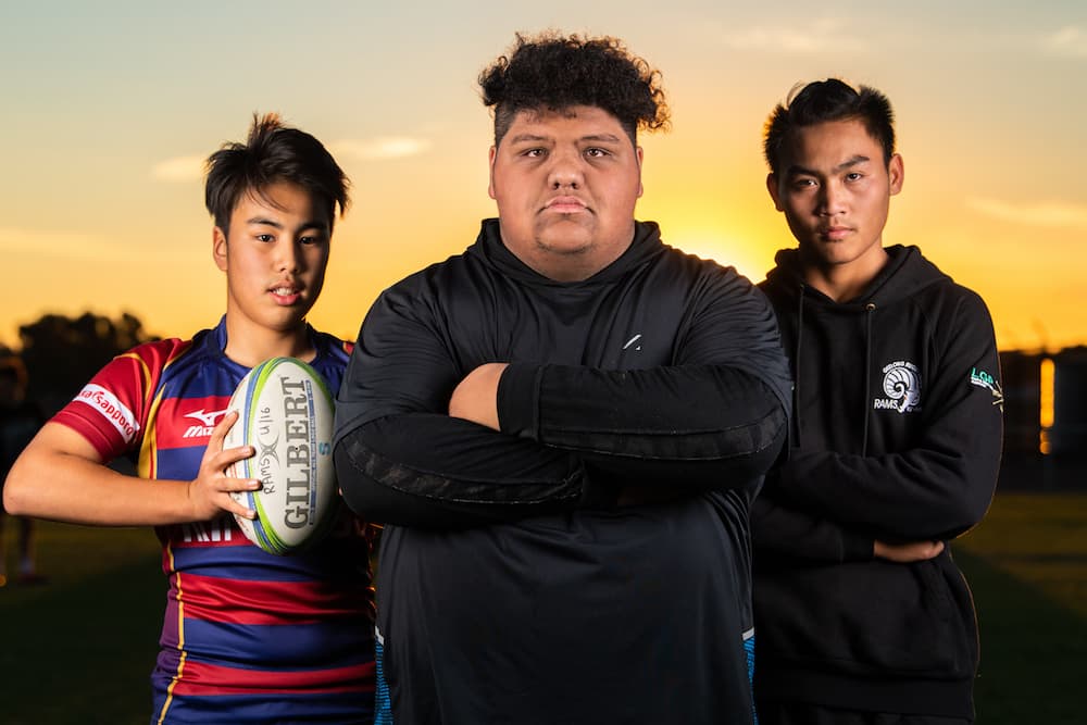 Gaiji Koyama and Geelong under 16 teammates Codan and Soe. Photo: Rugby AU Media/Stuart Walmsley