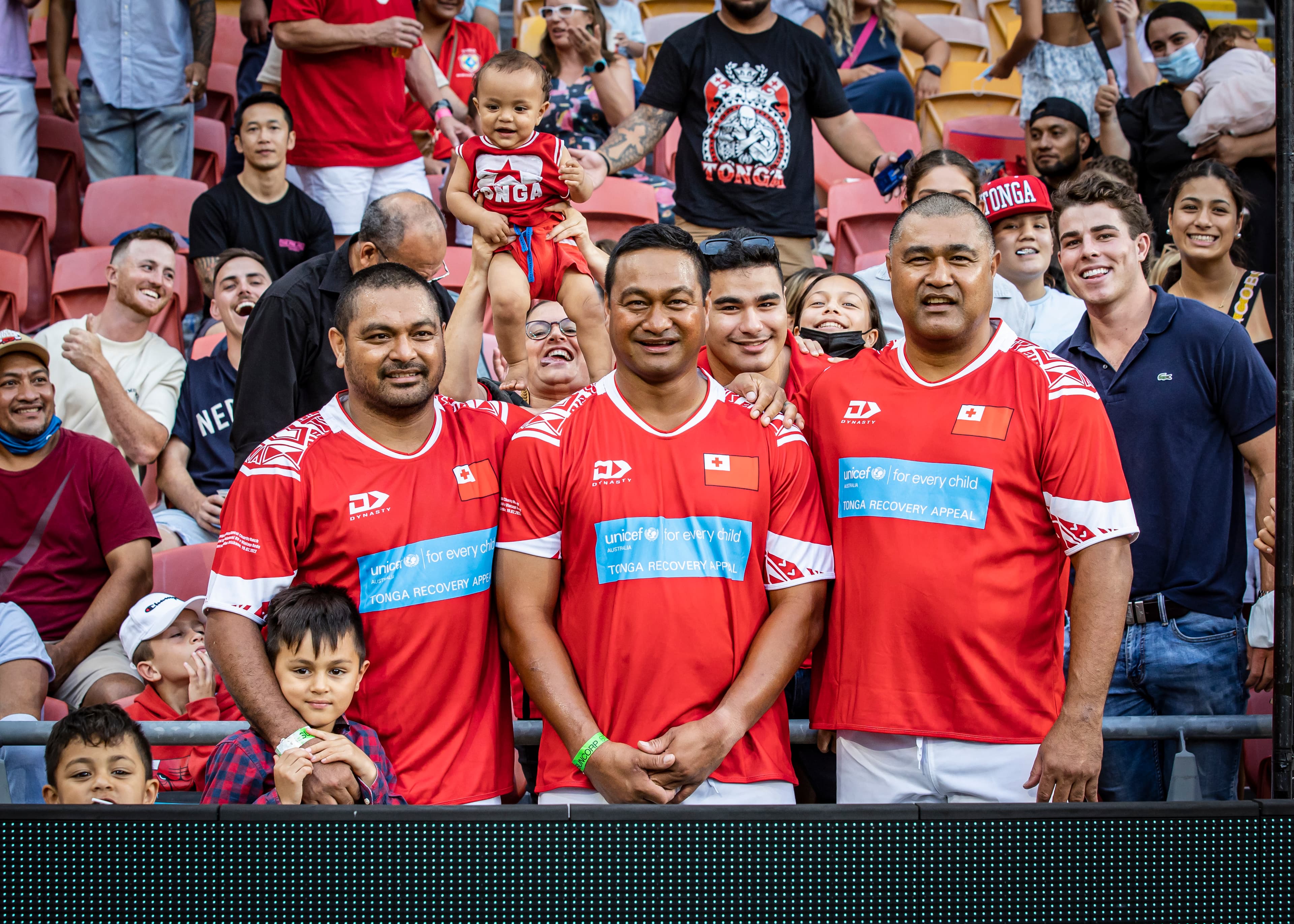 For Tonga...(from left) Mafi, Steve and Toutai Kefu donned red for the Tongan Invitational XV. Photo: Brendan Hertel, QRU Media