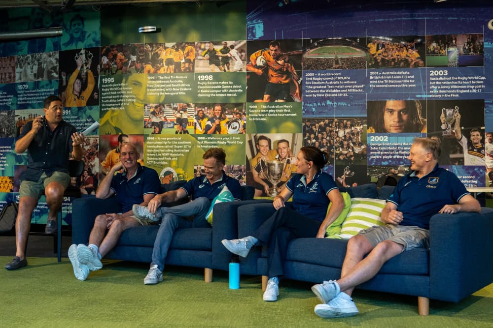 (L to R): Men's Sevens coach Liam Barry, Women's Sevens coach Tim Walsh, Wallaroos coach Jo Yapp and Wallabies coach Joe Schmidt answering questions.