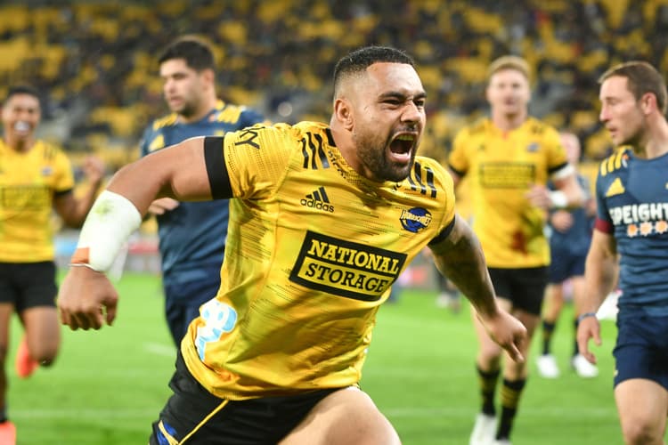 Laumape celebrates a try against the Highlanders. Photo: Getty Images