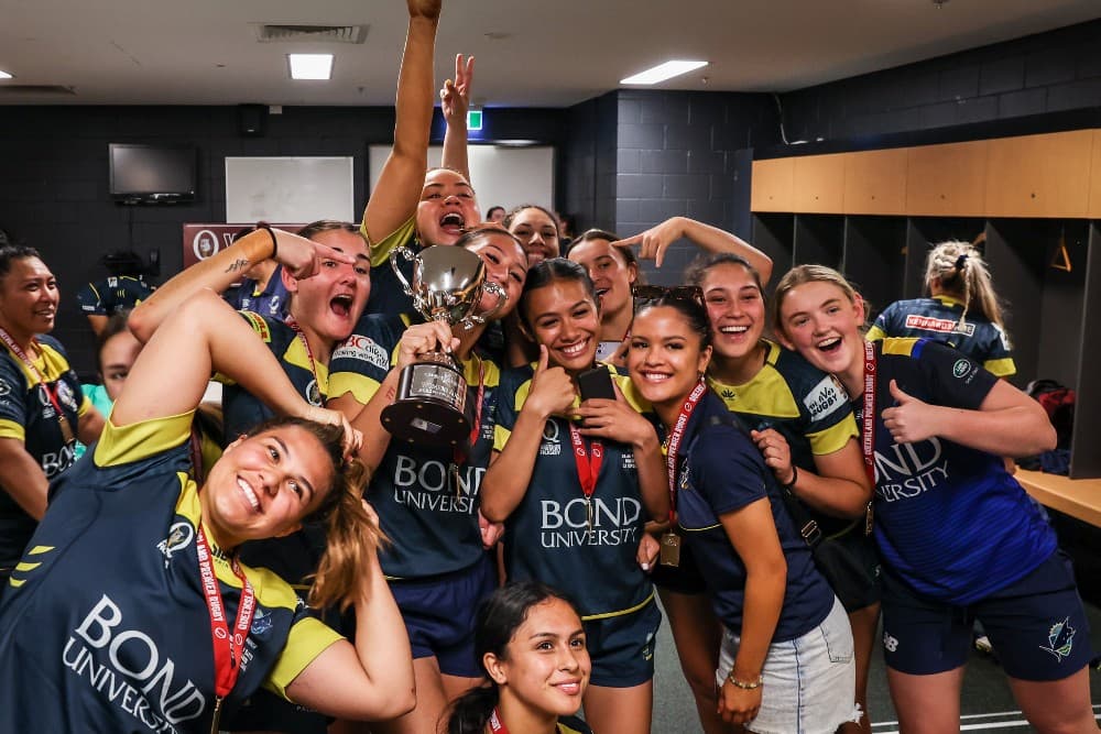 Winning smiles...Bond University after the women's grand final. Photo: Brendan Hertel, QRU 