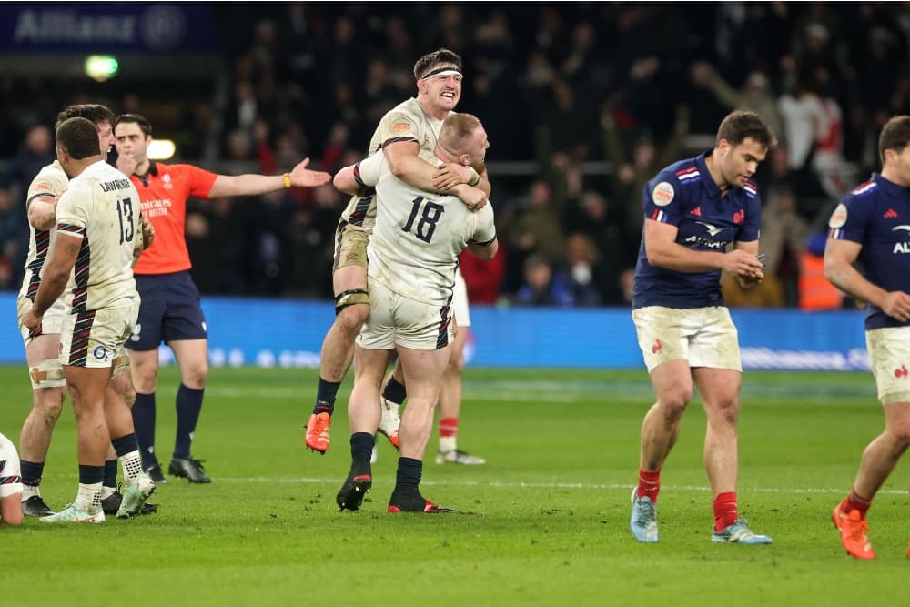 England celebrate a last-minute win over France. Photo: Getty Images