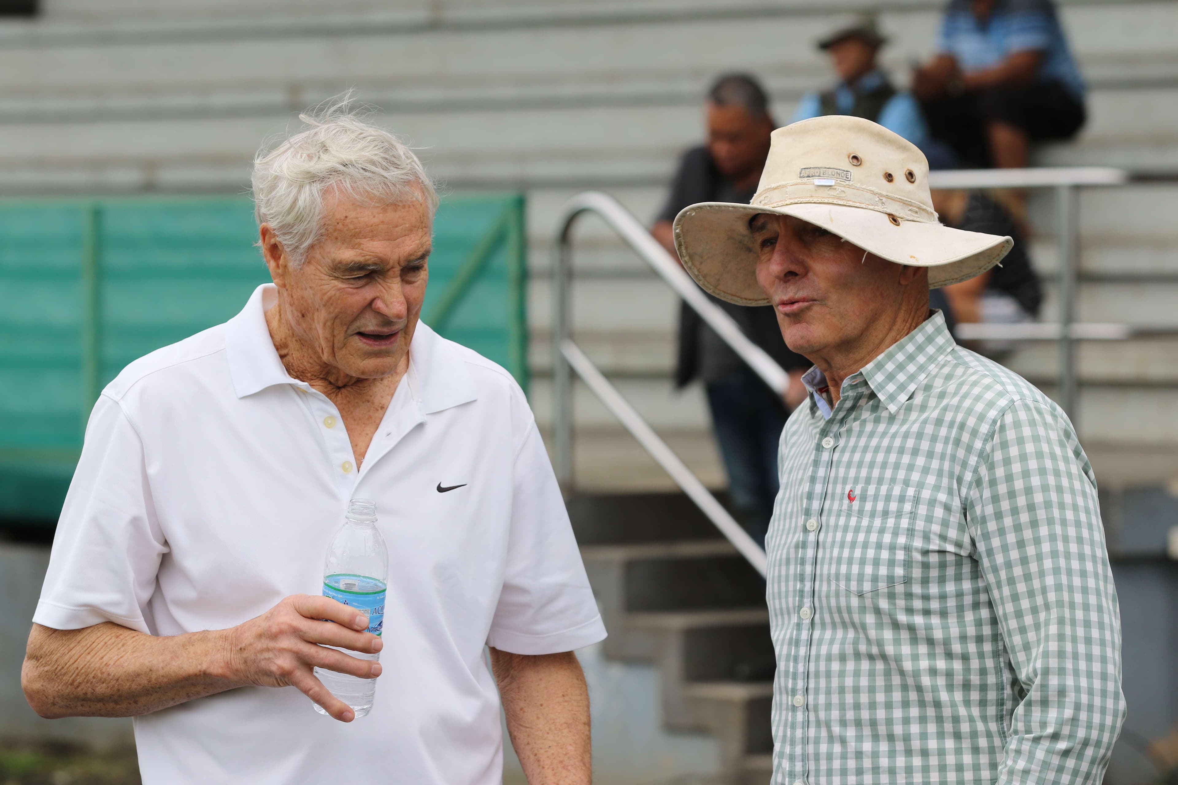 Classic Wallabies John Cole and Geoff Richardson at the Australia A captain's run in Nuku'alofa. Picture: Lachlan Grey