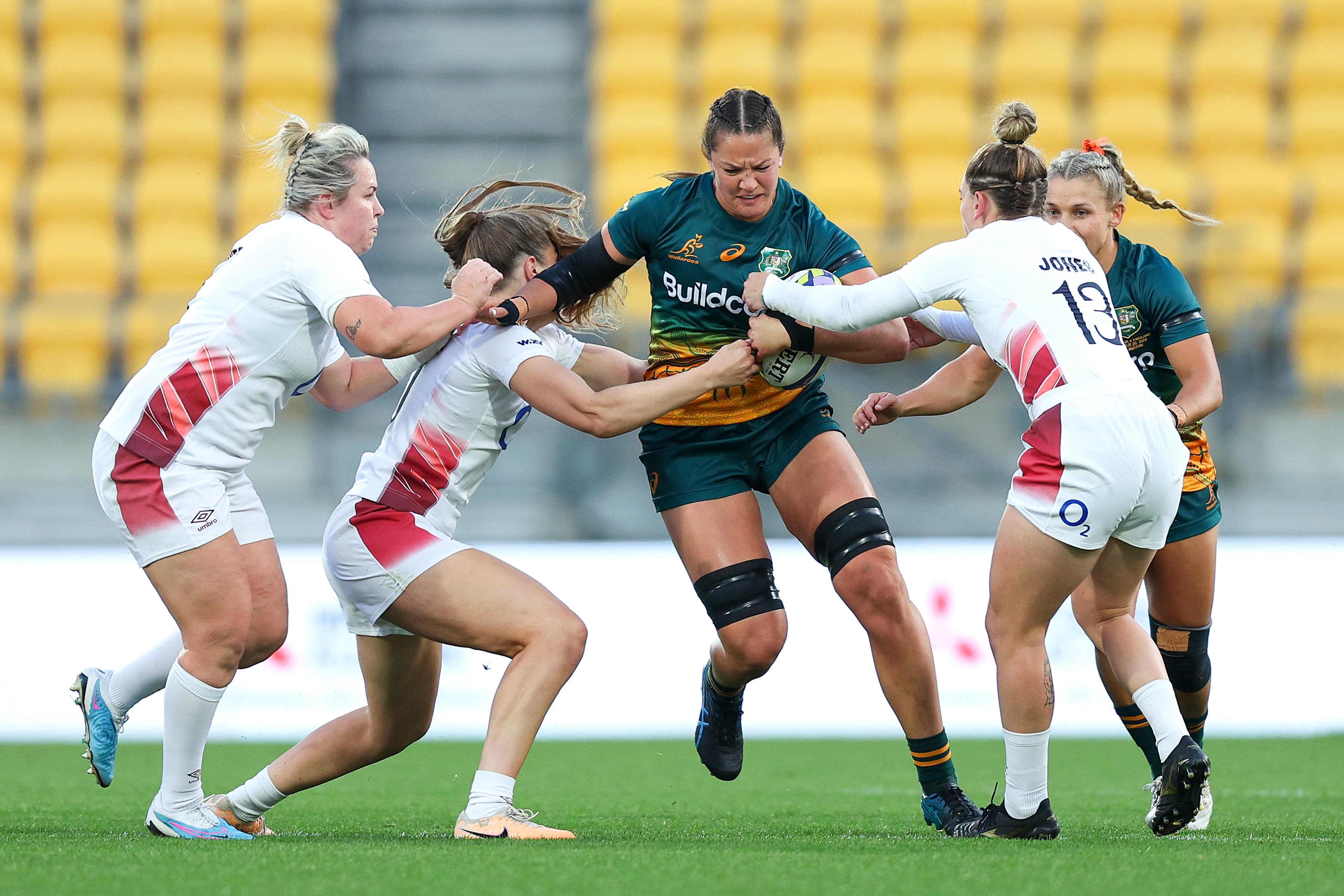 Wallaroos skipper Michaela Leonard takes on the English defence during Australia's WXV1 opener in Wellington. Picture: Getty