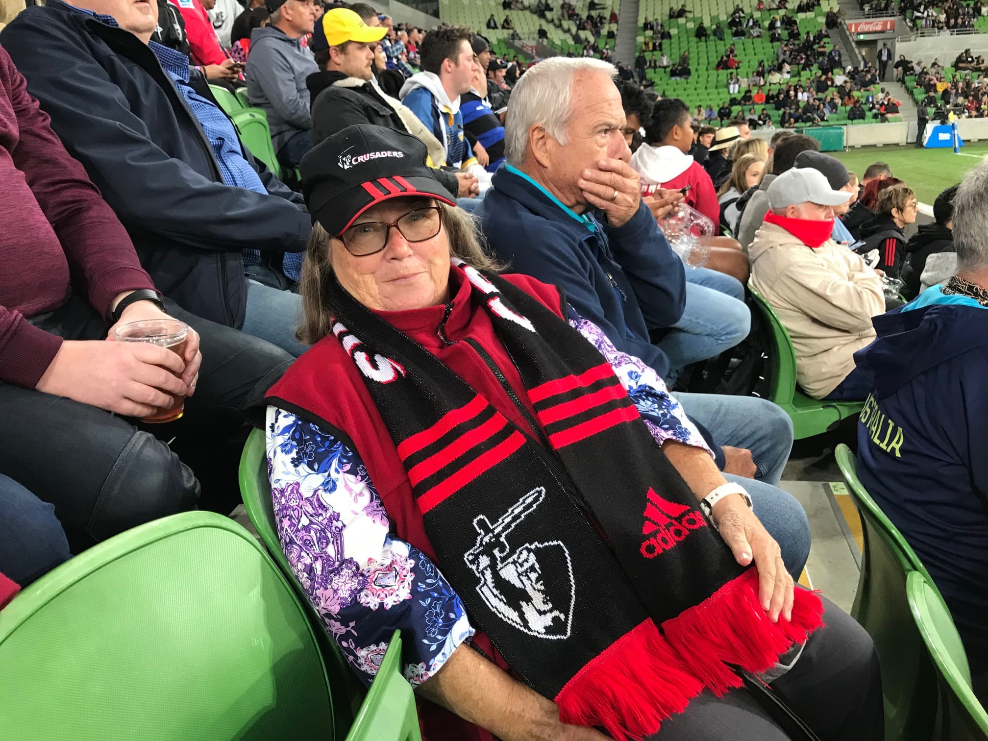 The perfect Super Round fan...80-year-old fan Deirdre Quaid in Melbourne to cheer for three teams.