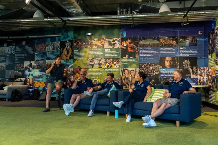 (L to R): Men's Sevens coach Liam Barry, Women's Sevens coach Tim Walsh, Wallaroos coach Jo Yapp and Wallabies coach Joe Schmidt answering questions.