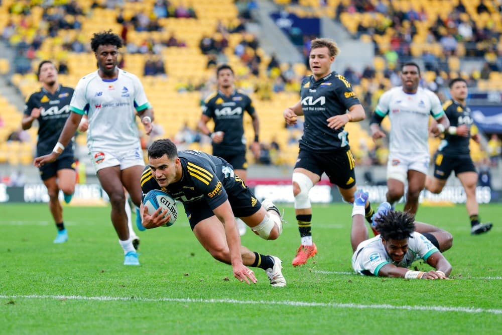 Fullback Josh Moorby scored three tries and winger Wes Goosen two as the Wellington-based Hurricanes beat the Fijian Drua 67-5. Photo: Getty Images