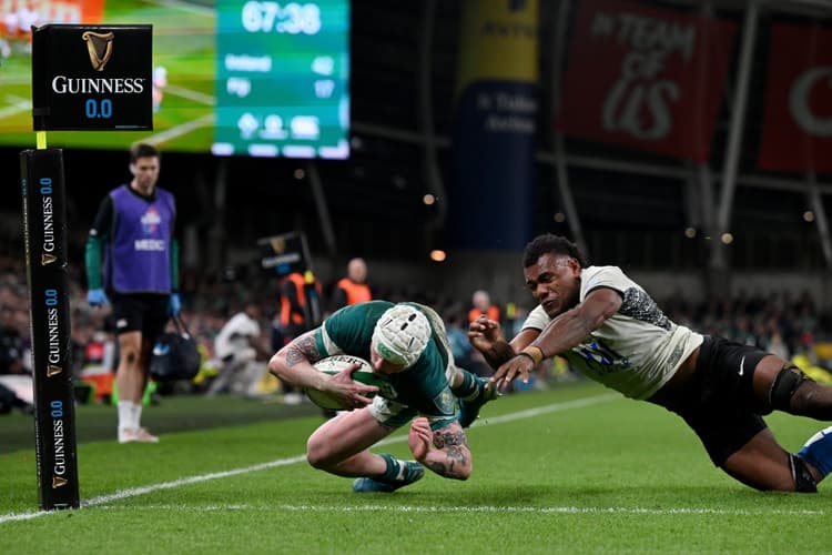 Mack Hansen struck for a double as Ireland cruised past Fiji. Photo: Getty Images