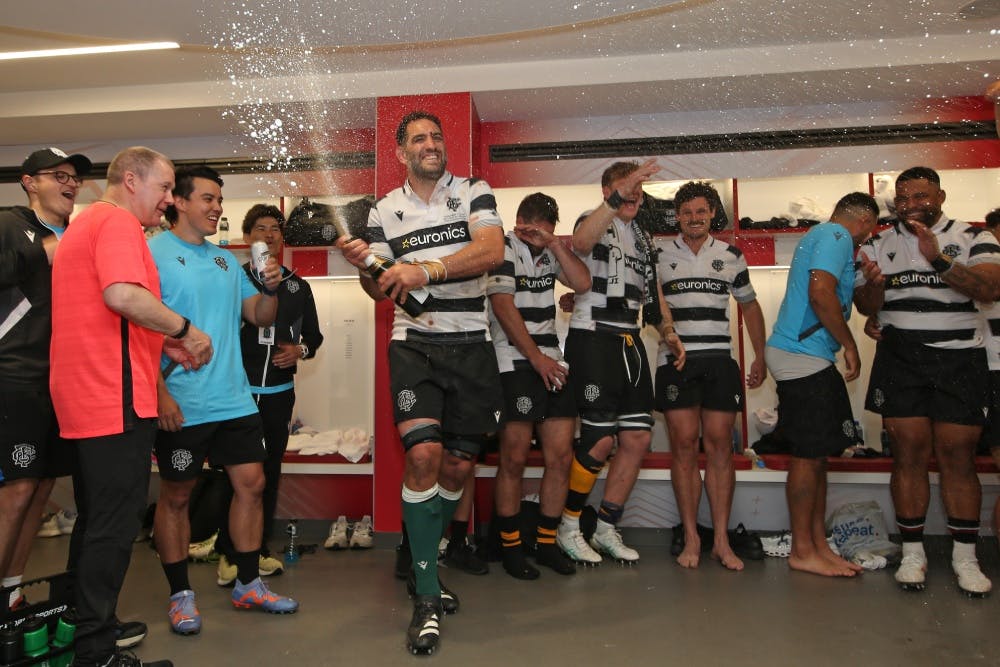 Sam Whitelock celebrates a win over Fiji with the Barbarians. Photo: Getty IMages