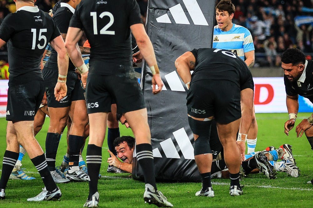 Argentina hooker Agustin Creevy celebrates his crucial try to defeat New Zealand. Photo: AFP