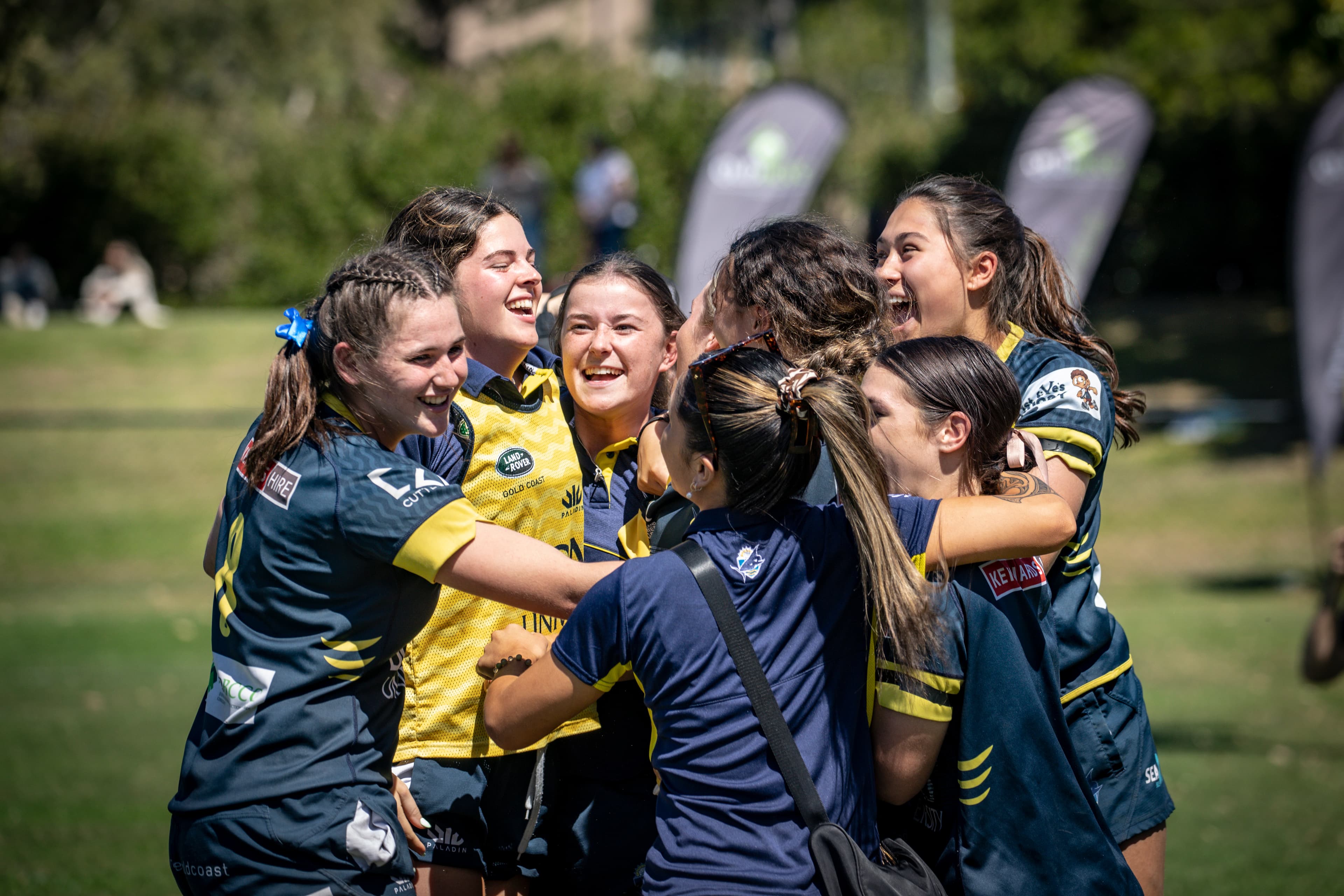 Celebrations from the Bond University women's team after a late win over GPS. Photo: Brendan Hertel, QRU Media