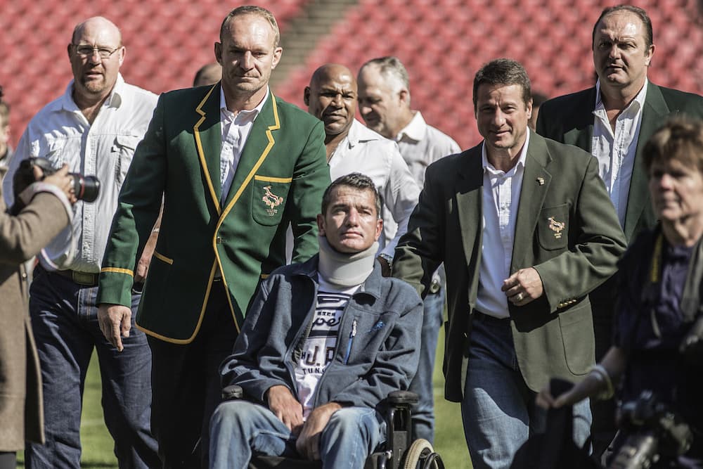 Joost van der Westhuizen with World Cup winning Springbok teammates. Photo: AFP