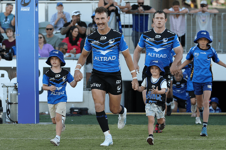 Western Force recruit Mac Grealy looks to spread play wide for the "Probables" during an internal trial. Photo credit: Ben Somerford