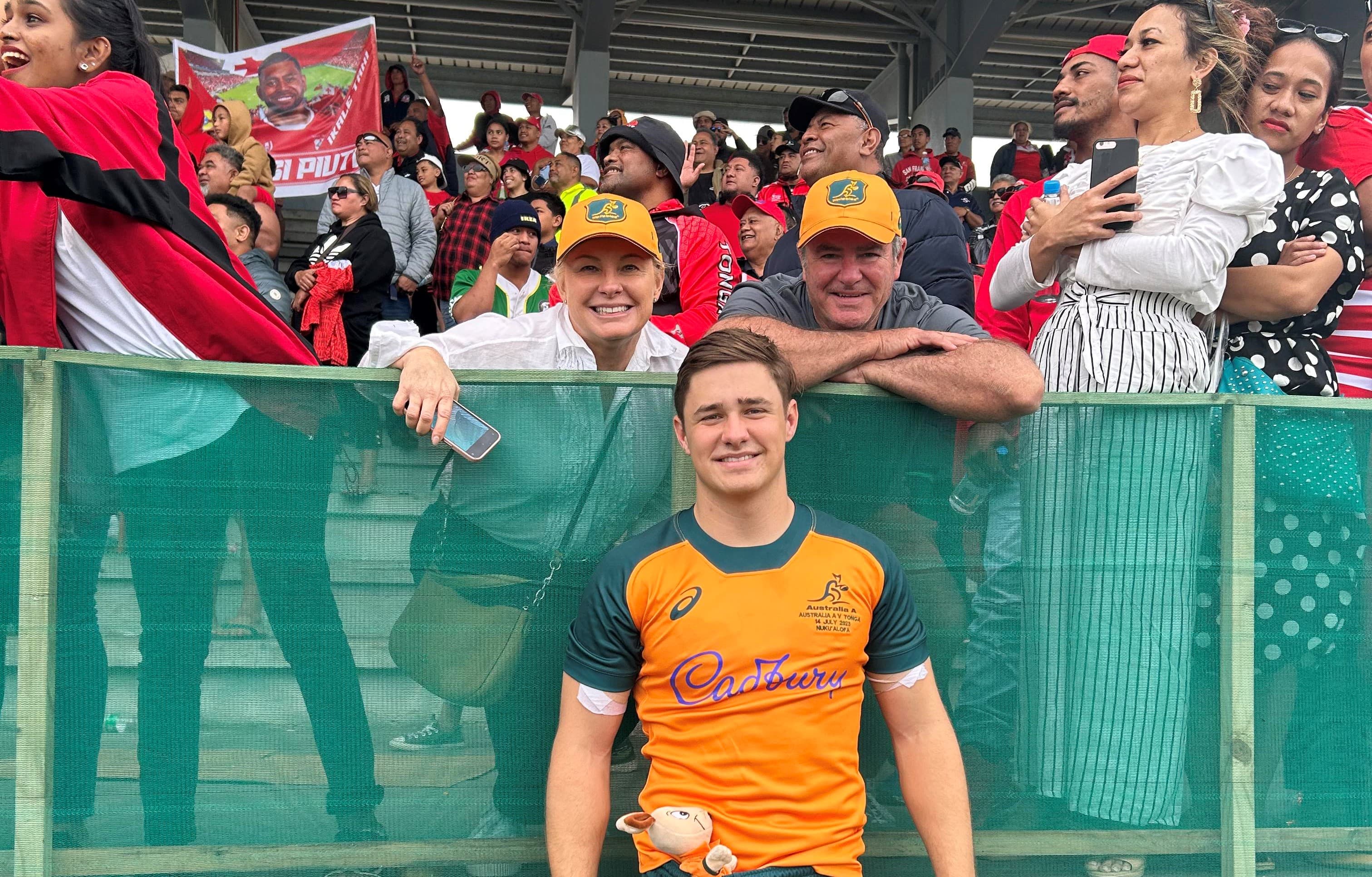 Josh Flook with parents Michelle and Steve, who flew over for his Australia A debut in Tonga. Picture: Lachlan Grey