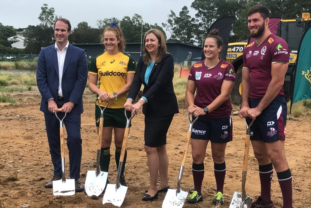 Breaking ground on the new Ballymore project (from left) Queensland Rugby Union chief executive David Hanham, Reds player Aleena Greenhalgh, Queensland Premier Annastacia Palaszczuk, Reds women's captain Shannon Parry and Reds captain Liam Wright.