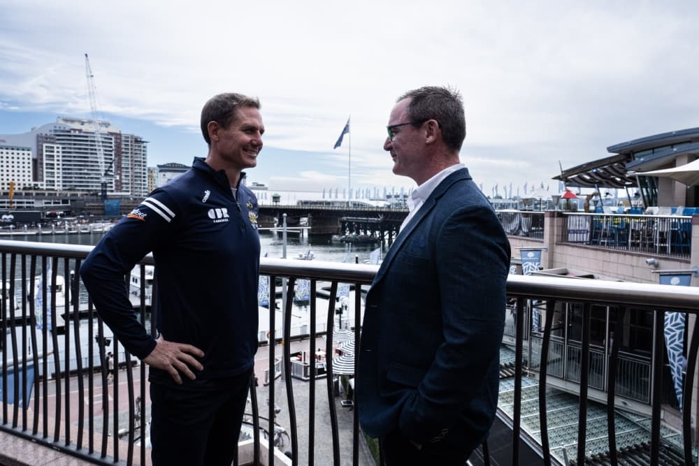 Dan McKellar and Stephen Larkham reunite ahead of tomorrow's Waratahs-Brumbies clash. Photo: Hugo Carr/NSW Waratahs Media