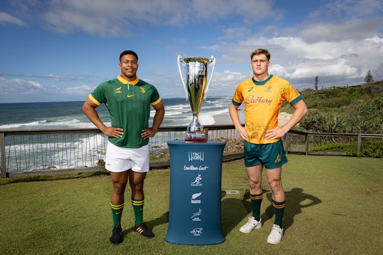 South African skipper Zachary Porthen and Australian captain Toby Macpherson with the TRC U20 trophy. Picture: Brendan Hertel/Rugby Australia