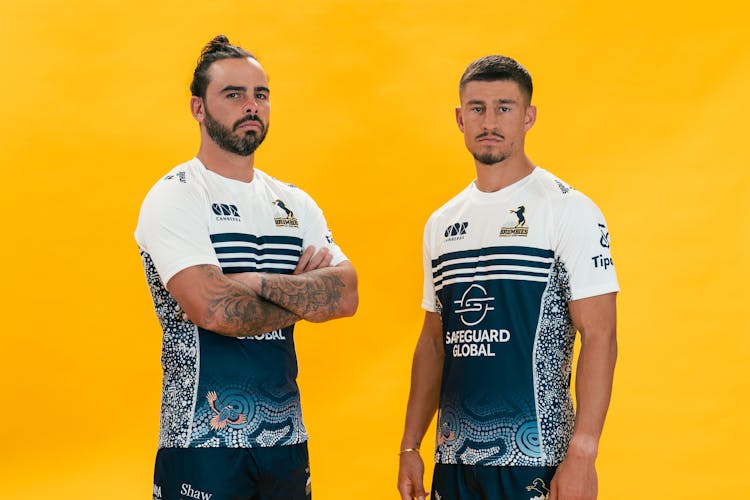 Andy Muirhead and Harrison Goddard sporting the 2024 ACT Brumbies Indigenous Jersey.